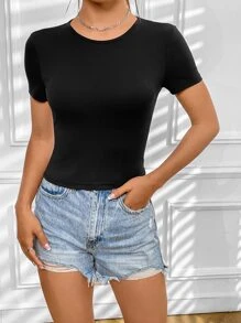 INAWLY Solid Round Neck Tee - Black - View 3