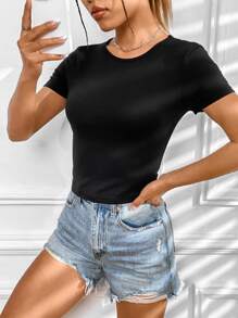 INAWLY Solid Round Neck Tee - Black - View 4