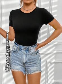 INAWLY Solid Round Neck Tee - Black - View 5