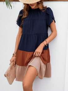 SHEIN LUNE Đầm viền lá sen Viên lá sen Khối Màu Dễ thương - Màu xanh hải quân - Xem 4