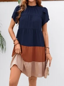 SHEIN LUNE Đầm viền lá sen Viên lá sen Khối Màu Dễ thương - Màu xanh hải quân - Xem 3