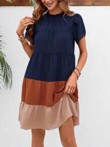 SHEIN LUNE Đầm viền lá sen Viên lá sen Khối Màu Dễ thương - Màu xanh hải quân - Xem 5