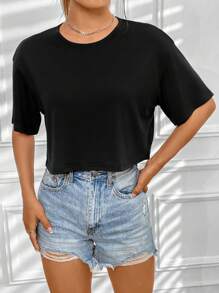 INAWLY Solid Drop Shoulder Crop Tee - Black - View 4