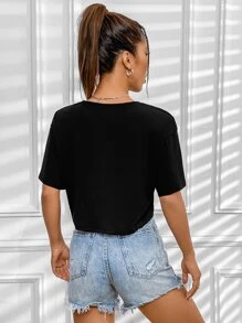 INAWLY Solid Drop Shoulder Crop Tee - Black - View 2