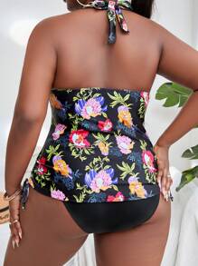 SHEIN Swim Curve Plus Size Dây rút in hoa dây rút bên hông Push Up Tankini Bãi biển mùa hè - màu đen - Xem 2
