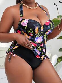 SHEIN Swim Curve Plus Size Dây rút in hoa dây rút bên hông Push Up Tankini Bãi biển mùa hè - màu đen - Xem 7