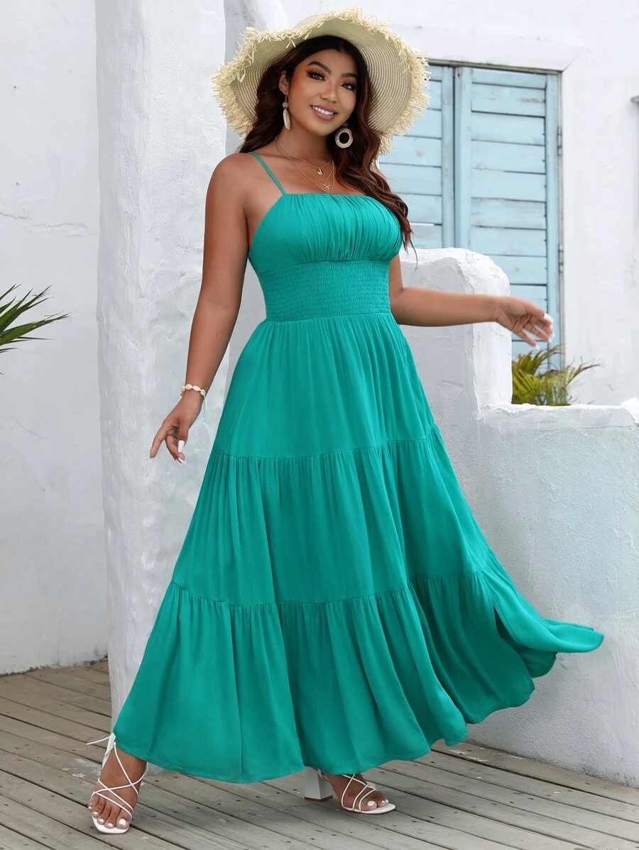 SHEIN VCAY Plus Ruched Bust Split Thigh Ruffle Hem Cami Dress - Cadet Blue - View 1