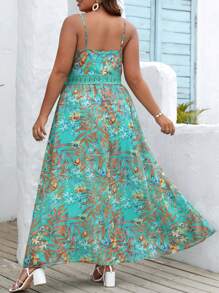 SHEIN VCAY Plus Tropical Print Split Thigh Cami Dress - Multicolor - View 2