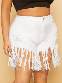 Plus High Waisted Fringe Tassel Denim Shorts - White - View 4