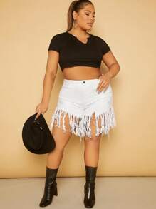 Plus High Waisted Fringe Tassel Denim Shorts - White - View 1