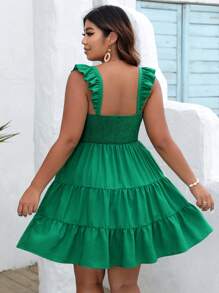 Dreamara Đầm Plus Size Xù phân lớp Dải chun màu trơn Giải trí - màu xanh lá - Xem 2
