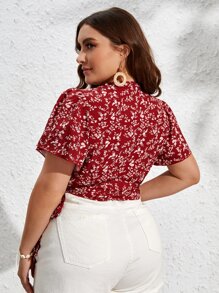 SHEIN VCAY Plus Ditsy Floral Print Knot Side Wrap Summer Boho Blouse - Red and White - View 2