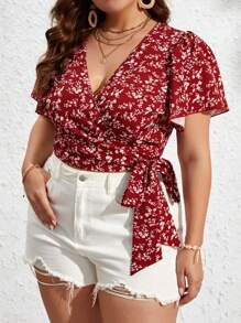 SHEIN VCAY Plus Ditsy Floral Print Knot Side Wrap Summer Boho Blouse - Red and White - View 1