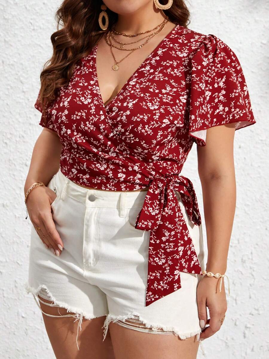 SHEIN VCAY Plus Ditsy Floral Print Knot Side Wrap Summer Boho Blouse - Red and White - View 1