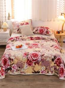 1pc Polyester Fiber Large Floral Print Double-Sided Flannel Fleece Blanket, Coral Fleece Multi-Purpose Milk Velvet Flannel Blanket For Bedroom, Living Room, Outdoor, Car Travel, All Season Use
