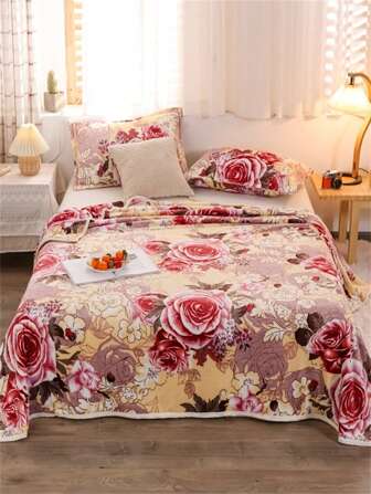 1pc Polyester Fiber Large Floral Print Double-Sided Flannel Fleece Blanket, Coral Fleece Multi-Purpose Milk Velvet Flannel Blanket For Bedroom, Living Room, Outdoor, Car Travel, All Season Use