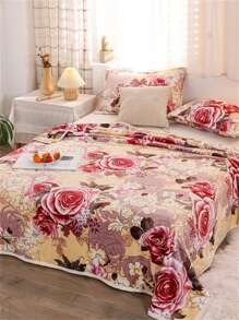 1pc Polyester Fiber Large Floral Print Double-Sided Flannel Fleece Blanket, Coral Fleece Multi-Purpose Milk Velvet Flannel Blanket For Bedroom, Living Room, Outdoor, Car Travel, All Season Use
