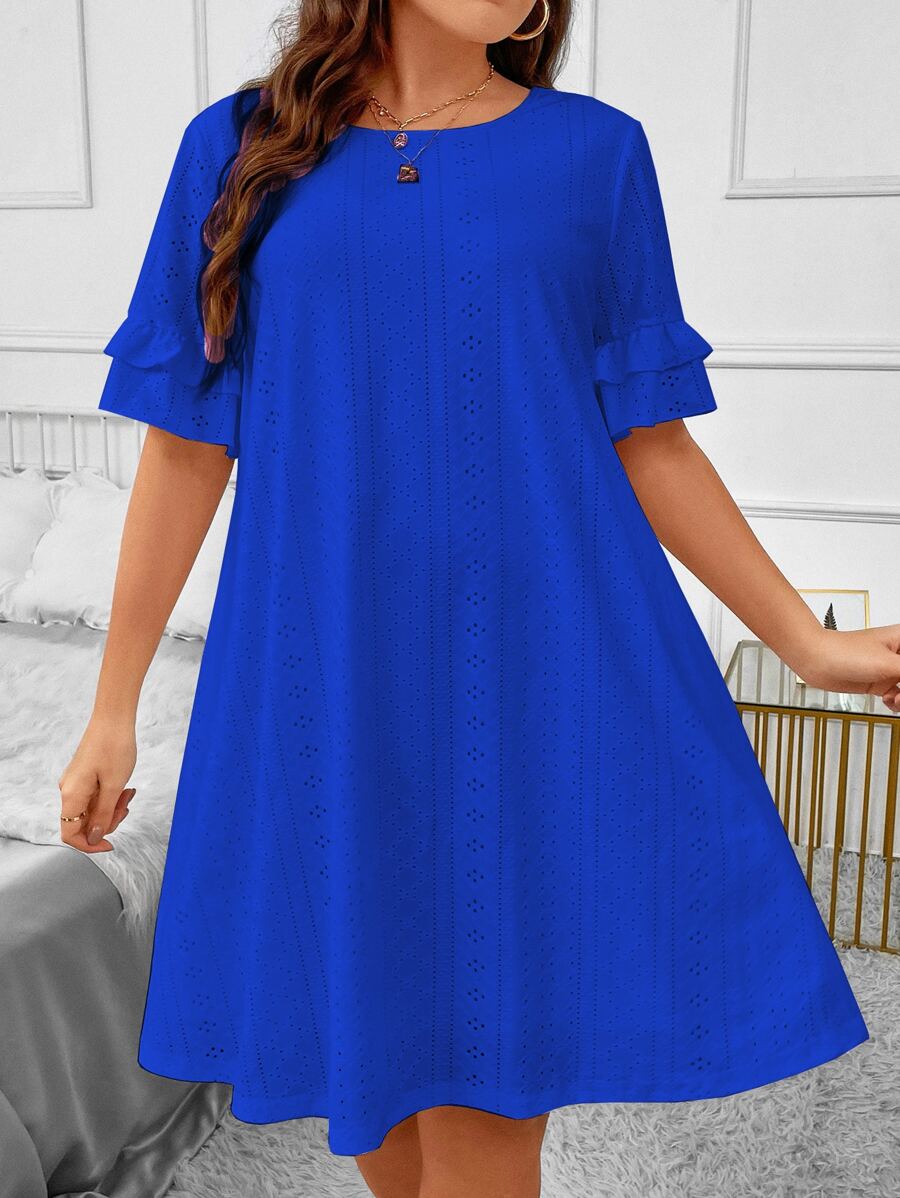 SHEIN LUNE Plus Solid Eyelet Embroidery Flounce Sleeve Dress - Royal Blue - View 1