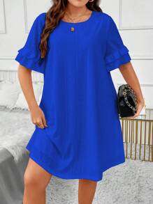 SHEIN LUNE 大碼素色網眼刺繡荷葉袖連衣裙 - 寶藍色 - 查看 5