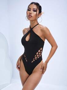 SHEIN ICON Cut Out Crisscross Halter Bodysuit - Black - View 3