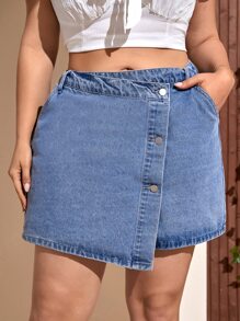 Plus Button Front Denim Skirt - Light Wash - View 1
