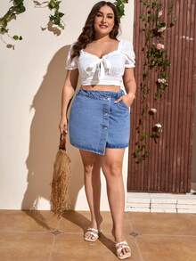 Plus Button Front Denim Skirt - Light Wash - View 3