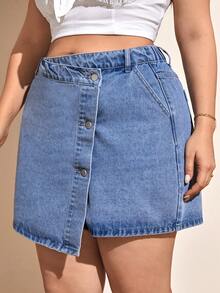Plus Button Front Denim Skirt - Light Wash - View 4