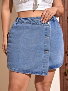 Plus Button Front Denim Skirt - Light Wash - View 5