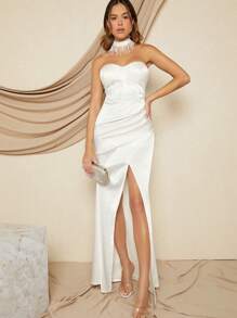 Hauture 高衩抹胸正式連衣裙附項圈 - 白色 - 查看 4