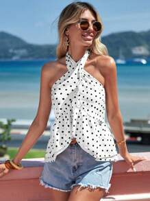 SHEIN VCAY Polka Dot Tie Backless Shirred Ruffle Trim Halter Top - Black and White - View 1