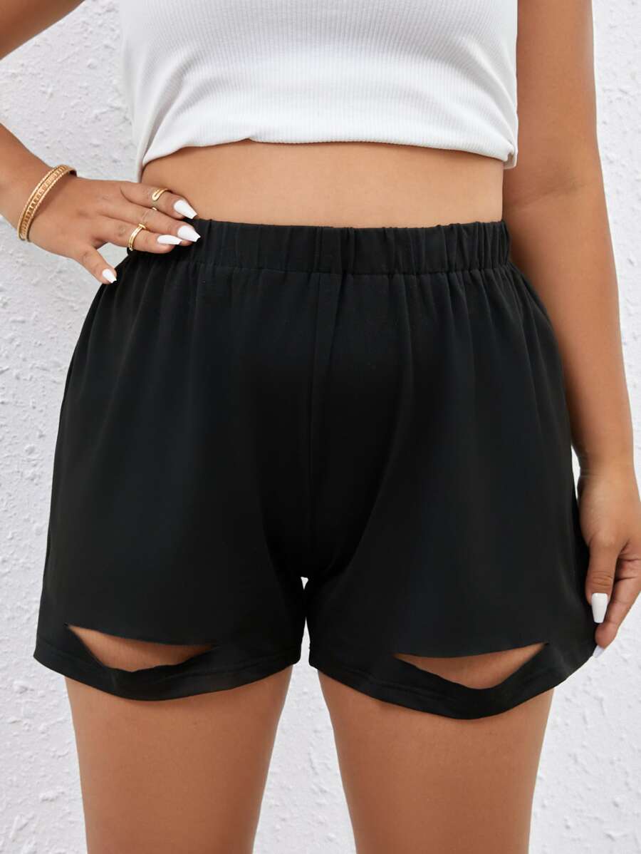SHEIN Holidaya Shorts unicolor con abertura - Negro - Ver 1