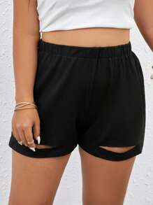 SHEIN Holidaya Shorts unicolor con abertura - Negro - Ver 4