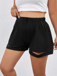 SHEIN Holidaya Shorts unicolor con abertura - Negro - Ver 5