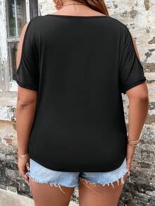 SHEIN LUNE Camiseta de hombros descubiertos de manga murciélago - Negro - Ver 2