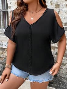 SHEIN LUNE Camiseta de hombros descubiertos de manga murciélago - Negro - Ver 3