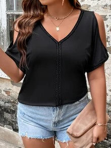 SHEIN LUNE Camiseta de hombros descubiertos de manga murciélago - Negro - Ver 5