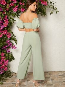 Hauture Puff Sleeve Cut Out Wide Leg Jumpsuit - Mint Green - View 2