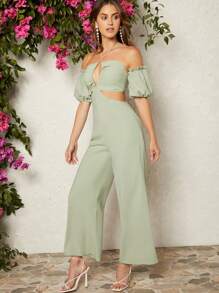 Hauture Puff Sleeve Cut Out Wide Leg Jumpsuit - Mint Green - View 3