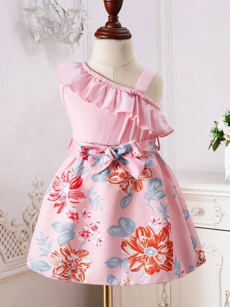 SHEIN Baby Floral Print Asymmetrical Neck Ruffle Trim Belted Dress - Pink - View 1