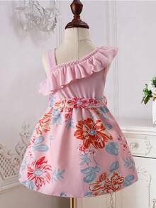 SHEIN Baby Floral Print Asymmetrical Neck Ruffle Trim Belted Dress - Pink - View 2