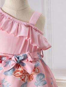 SHEIN Baby Floral Print Asymmetrical Neck Ruffle Trim Belted Dress - Pink - View 3