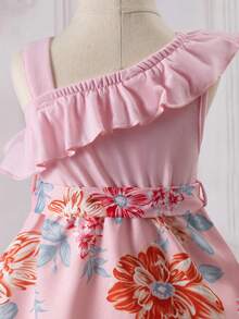 SHEIN Baby Floral Print Asymmetrical Neck Ruffle Trim Belted Dress - Pink - View 5