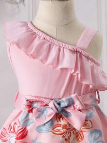 SHEIN Baby Floral Print Asymmetrical Neck Ruffle Trim Belted Dress - Pink - View 6
