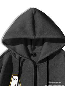 Manfinity Hypemode Lỏng lẻo phù hợp Nam Hoodie Với Đồ họa Khẩu hiệu , Dây kéo Khép kín , Nhiệt Lót Và Dây rút - Màu xám đen - Xem 3
