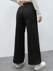 SHEIN PETITE Drawstring Waist Wide Leg Joggers - Black - View 2