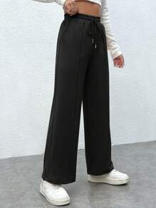 SHEIN PETITE Drawstring Waist Wide Leg Joggers - Black - View 3