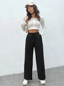 SHEIN PETITE Drawstring Waist Wide Leg Joggers - Black - View 4