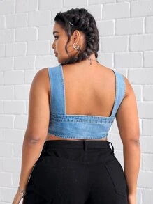 SHEIN EZwear 大碼前紐扣短款牛仔上衣 - 淺色水洗藍 - 查看 2