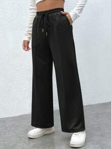 SHEIN PETITE Drawstring Waist Wide Leg Joggers - Black - View 5