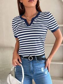 SHEIN PETITE Camiseta con estampado de rayas de cuello de muesca